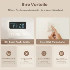 EMKE LED Badspiegel 80 x 60 cm, 3 Lichtfarben einstellbar, mit Anti-Beschlag, Bluetooth-Lautsprecher, LED-Uhr & Kosmetikspiegel