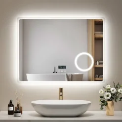 EMKE LED Badspiegel 80 x 60 cm, 3 Lichtfarben einstellbar, mit Anti-Beschlag, Bluetooth-Lautsprecher, LED-Uhr & Kosmetikspiegel