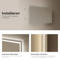 EMKE LED Badspiegel 100 x 60 cm mit Kippschalter, Front- & Rahmenbeleuchtung, Anti-Beschlag, Warmweiß/Kaltweiß