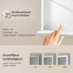 EMKE LED Badspiegel mit Glasablage 70 x 50 cm Badezimmerspiegel Kaltweiß Stufenlos dimmbar Beschlagfrei Touch-Schalter