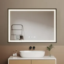 EMKE LED Badspiegel 100x70 cm Neutralweiß Rahmenspiegel mit Antibeschlag Touchsensor LCD-Uhr Schwarz