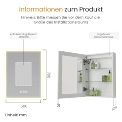 EMKE LED Spiegelschrank 50 x 70 cm 3 Lichtfarben & Antibeschlag Silberweiß