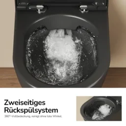EMKE Wand-WC Set CT02 Tiefspüler ohne Spülrand D-Form schwarz matt mit WC-Sitz und Absenkautomatik