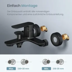 EMKE Wannenarmatur Schwarz Matt, Einhebelmischer für Badewanne, Badewannenarmatur Wandmontage, G1/2 Anschluss