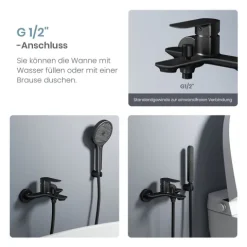 EMKE Wannenarmatur Schwarz Matt, Einhebelmischer für Badewanne, Badewannenarmatur Wandmontage, G1/2 Anschluss