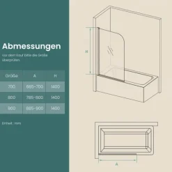 EMKE Badewannenaufsatz 90 x 140 cm, Duschwand für Badewanne, 6 mm ESG-Sicherheitsglas mit Nano-Beschichtung Chrom