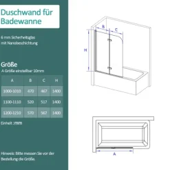 EMKE Badewannenaufsatz 100 x 140 cm 2-teilig Duschwand für Badewanne Faltbare mit Nano-Beschichtung 6 mm ESG Glas Chrom