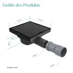 EMKE Bodenablauf quadratisch 152,5 x 152,5 mm 2-in-1 befliesbar inkl. Siphon schwarz matt
