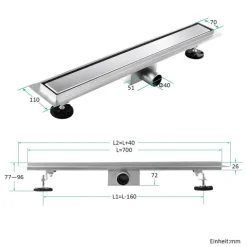 EMKE Duschrinne 70 cm, gebürsteter Edelstahl, Komplettset mit Geruchsverschluss und Haarsieb, befliesbarer Bodenablauf, doppelseitiger Randablauf, korrosionsbeständig, für Badezimmer