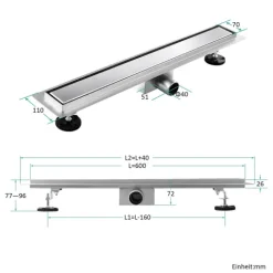 EMKE Duschrinne Edelstahl 60 cm Komplettset, befliesbar, mit Geruchsstop, Haarsieb und Siphon, doppelseitiger Bodenablauf für Badezimmer