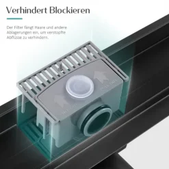 EMKE Duschrinne Edelstahl 2-in-1 Komplettse, 500mm, Befliesbar, Extra Flach, Schwarz mit Haarsieb und Siphon - Standardgröße Adapter 40/50mm, Einbauhöhe 77-96mm, Wasserdurchfluss 30L/Min.