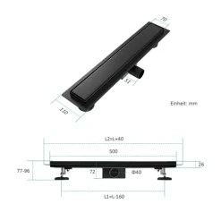 EMKE Duschrinne Edelstahl 2-in-1 Komplettse, 500mm, Befliesbar, Extra Flach, Schwarz mit Haarsieb und Siphon - Standardgröße Adapter 40/50mm, Einbauhöhe 77-96mm, Wasserdurchfluss 30L/Min.