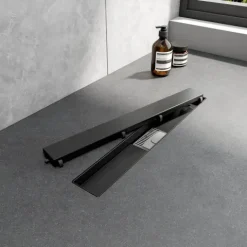 EMKE Duschrinne Edelstahl 2-in-1 Komplettse, 500mm, Befliesbar, Extra Flach, Schwarz mit Haarsieb und Siphon - Standardgröße Adapter 40/50mm, Einbauhöhe 77-96mm, Wasserdurchfluss 30L/Min.