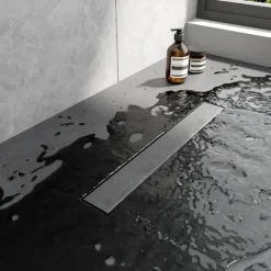 EMKE Duschrinne Edelstahl 2-in-1 Komplettse, 500mm, Befliesbar, Extra Flach, Schwarz mit Haarsieb und Siphon - Standardgröße Adapter 40/50mm, Einbauhöhe 77-96mm, Wasserdurchfluss 30L/Min.