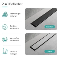 EMKE Duschrinne Edelstahl 2-in-1 Komplettse, 500mm, Befliesbar, Extra Flach, Schwarz mit Haarsieb und Siphon - Standardgröße Adapter 40/50mm, Einbauhöhe 77-96mm, Wasserdurchfluss 30L/Min.