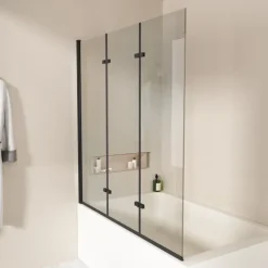 EMKE Duschwand für Badewanne Schwarz 130 x 140 cm 3-teilig Badewannenaufsatz Faltbare 6 mm ESG Sicherheitsglas NANO-Beschichtung