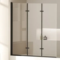 EMKE Duschwand für Badewanne Schwarz 130 x 140 cm 3-teilig Badewannenaufsatz Faltbare 6 mm ESG Sicherheitsglas NANO-Beschichtung