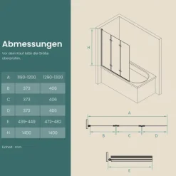 EMKE Duschwand für Badewanne Schwarz 130 x 140 cm 3-teilig Badewannenaufsatz Faltbare 6 mm ESG Sicherheitsglas NANO-Beschichtung