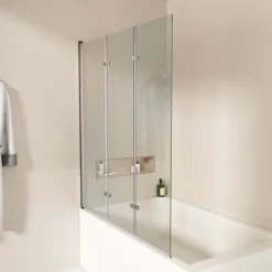 EMKE Duschwand für Badewanne 3-teilig 120 x 140 cm Badewannenaufsatz 6 mm ESG Sicherheitsglas mit Nano-Beschichtung