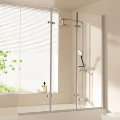 EMKE Duschwand für Badewanne 3-teilig 120 x 140 cm Badewannenaufsatz 6 mm ESG Sicherheitsglas mit Nano-Beschichtung