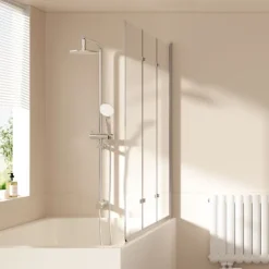 EMKE Duschwand für Badewanne 3-teilig 120 x 140 cm Badewannenaufsatz 6 mm ESG Sicherheitsglas mit Nano-Beschichtung