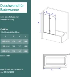 EMKE Duschwand für Badewanne 120 x 140 cm 2-teilig Badewannenaufsatz Faltbare mit Nano-Beschichtung 6mm ESG Glas Chrom