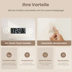 EMKE LED Badspiegel 80 x 60 cm, 3 Lichtfarben einstellbar, mit Anti-Beschlag, LED-Uhr & Kosmetikspiegel
