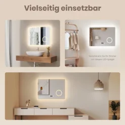 EMKE LED Badspiegel 80 x 60 cm, 3 Lichtfarben einstellbar, mit Anti-Beschlag, LED-Uhr & Kosmetikspiegel