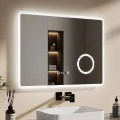 EMKE LED Badspiegel 80 x 60 cm, 3 Lichtfarben einstellbar, mit Anti-Beschlag, LED-Uhr & Kosmetikspiegel