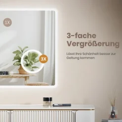 EMKE LED Badspiegel 80 x 60 cm, 3 Lichtfarben einstellbar, mit Anti-Beschlag, LED-Uhr & Kosmetikspiegel