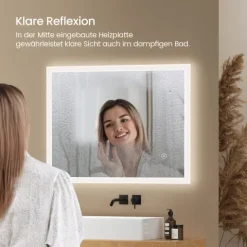 EMKE LED Badspiegel 80 x 60 cm mit Anti-Beschlag, 3 Lichtfarben stufenlos dimmbar, Touchschalter
