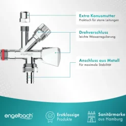 Engelbach® Kombi Eckventil 1/2 Zoll selbstdichtend mit Rückflussverhinderer - Für Kalt- und Warmwasserleitungen mit vielfältigen Anschlussmöglichkeiten