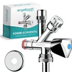 Engelbach® Kombi Eckventil 1/2 Zoll selbstdichtend mit Rückflussverhinderer - Für Kalt- und Warmwasserleitungen mit vielfältigen Anschlussmöglichkeiten