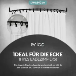 Erica Duschvorhangstange Ecke, 140x140 cm, Duschstange Winkel, Wandmontage für Badewannen, unterstützt ohne Deckenbefestigung, Schwarz Pulverbeschichteter Stahl, 100% Rostfrei
