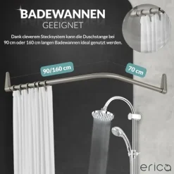 Erica Duschstange 70x90, 90x140 oder 70x160 cm Duschvorhangstange Ecke für Badewannen geeignet, Winkelstange, Montage ohne Deckenstütze, Gebogene Stange, Grau glänzend Pulverbeschichteter Stahl