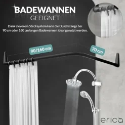 Erica Duschstange 70x90, 90x140 oder 70x160 cm Duschvorhangstange Ecke für Badewannen geeignet, Winkelstange, Montage ohne Deckenstütze, Gebogene Stange, Schwarz Pulverbeschichteter Stahl