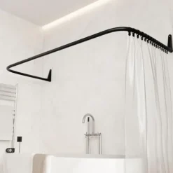 Erica Duschvorhangstange L-form & U-form - 4-in-1 Duschvorhangstangesystem für Badewanne oder Dusche - Duschstange Ecke - Stahl mit Pulverbeschichtung - Ohne Deckenhalterung - Schwarz