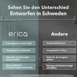 Erica Duschvorhangstange L-form & U-form - 4-in-1 System für Badewanne oder Dusche - Duschstange Ecke - Stahl mit Pulverbeschichtung - Ohne Deckenhalterung - Grau