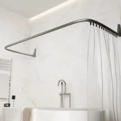 Erica Duschvorhangstange L-form & U-form - 4-in-1 System für Badewanne oder Dusche - Duschstange Ecke - Stahl mit Pulverbeschichtung - Ohne Deckenhalterung - Grau