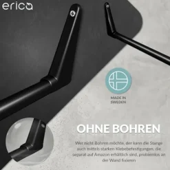 Erica Winkelstange Dusche 85x95x85 cm, Winkelstange Duschvorhang, Wandmontage ohne Deckenbefestigung, Schwarz Pulverbeschichteter Stahl, 100% Rostfrei