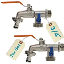 2er Set Garten Wasserhahn Kugelhahn 3/4 Doppelanschluss Außen 3/4 Zoll Doppel Wasserhahn Außenwasserhahn Doppelwasserhahn mit Schlauchanschluss