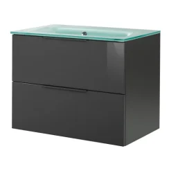 FACKELMANN LUNA Badmöbel Set 2 Teile / Glas Waschbecken / Waschbeckenunterschrank mit 2 Schubladen / Badschrank mit Soft-Close / hochwertige Möbel fürs Bad / Korpus & Front: Schwarz / Breite: 80 cm