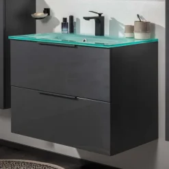 FACKELMANN LUNA Badmöbel Set 2 Teile / Glas Waschbecken / Waschbeckenunterschrank mit 2 Schubladen / Badschrank mit Soft-Close / hochwertige Möbel fürs Bad / Korpus & Front: Schwarz / Breite: 80 cm