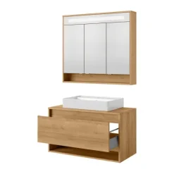 FACKELMANN NATURA Badmöbel Set 3 Teile / Keramik Waschbecken / Waschbeckenunterschrank mit Schublade / LED Spiegelschrank mit 3D-Effekt / Soft-Close-System / Korpus & Front: Braun / Breite: 94 cm