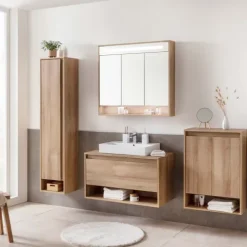 FACKELMANN NATURA Badmöbel Set 3 Teile / Keramik Waschbecken / Waschbeckenunterschrank mit Schublade / LED Spiegelschrank mit 3D-Effekt / Soft-Close-System / Korpus & Front: Braun / Breite: 94 cm