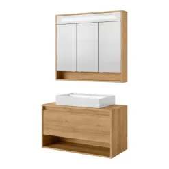 FACKELMANN NATURA Badmöbel Set 3 Teile / Keramik Waschbecken / Waschbeckenunterschrank mit Schublade / LED Spiegelschrank mit 3D-Effekt / Soft-Close-System / Korpus & Front: Braun / Breite: 94 cm