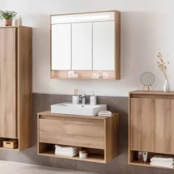 FACKELMANN NATURA Badmöbel Set 3 Teile / Keramik Waschbecken / Waschbeckenunterschrank mit Schublade / LED Spiegelschrank mit 3D-Effekt / Soft-Close-System / Korpus & Front: Braun / Breite: 94 cm