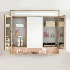 FACKELMANN NATURA Badmöbel Set 2 Teile / Waschbeckenunterschrank mit Schublade / LED Spiegelschrank mit Beleuchtung und 3D-Effekt / Soft-Close-System / Korpus & Front: Braun / Breite: 94 cm