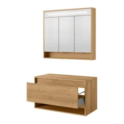 FACKELMANN NATURA Badmöbel Set 2 Teile / Waschbeckenunterschrank mit Schublade / LED Spiegelschrank mit Beleuchtung und 3D-Effekt / Soft-Close-System / Korpus & Front: Braun / Breite: 94 cm