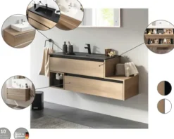 FACKELMANN Waschtischunterschrank für Möbelwaschtisch VITA Ablage rechts BxHxT 1285 x 500 x 460 mm Frontfarbe summer oak Griffleiste weiß